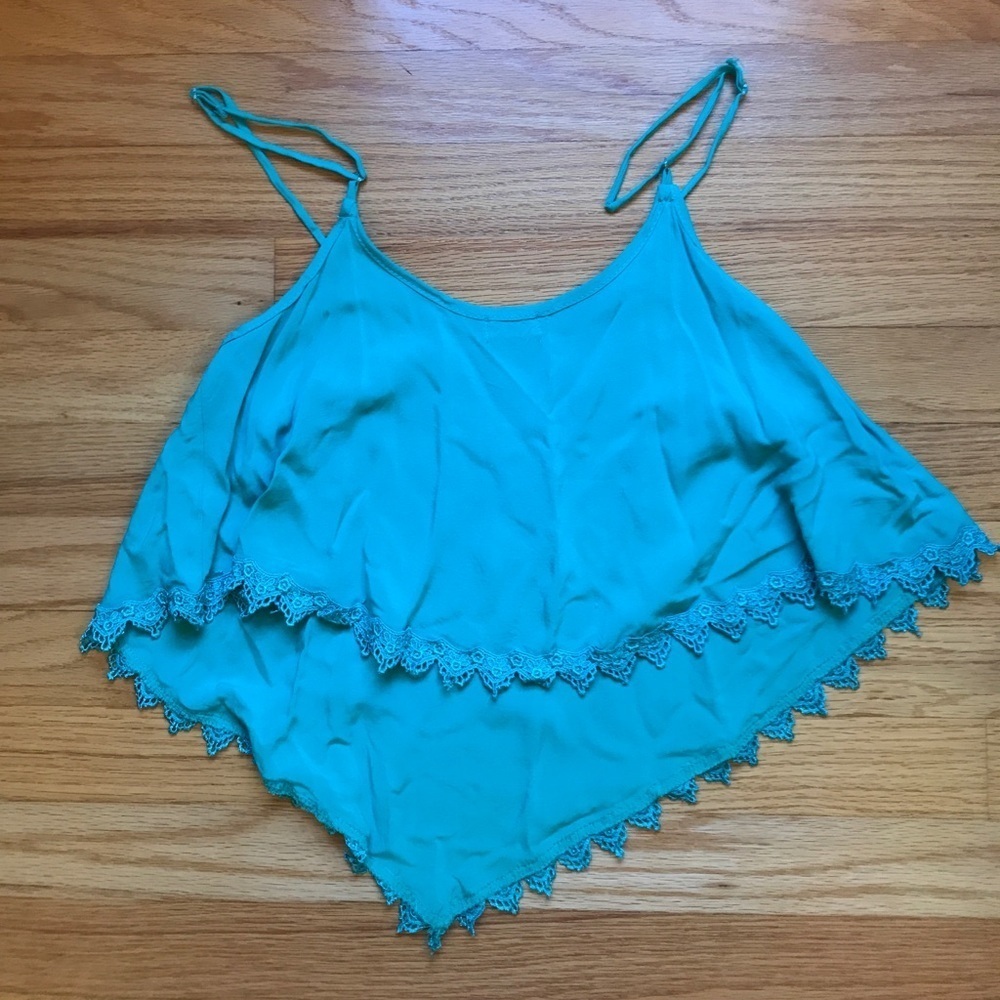 Tobi turquoise angled crop top with lace detail - Picture 3 of 3
